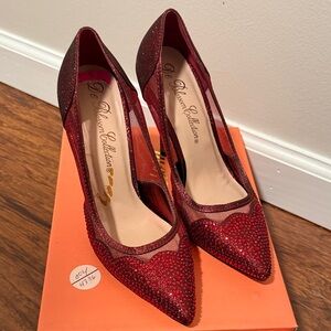 De Blossom Collection Red Crystal Pointed-Toe Mesh Heels
